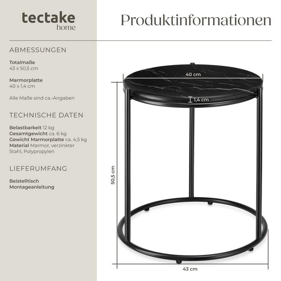 Tectake Beistelltisch Ellsa hochwertige Marmorplatte solides Stahlgestell  