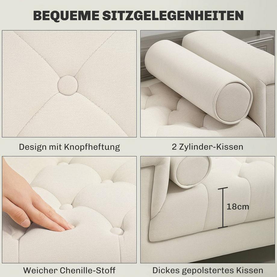 Northio Sitzbank Polsterbank mit Chenille-Bezug, Armlehne Bettbank mit 2 Zylinder-Kissen, Holzrahmen, Schuhbank für Schlafzimmer, Wohnzimmer, Flur 115 x 44 x 58 cm Beige  