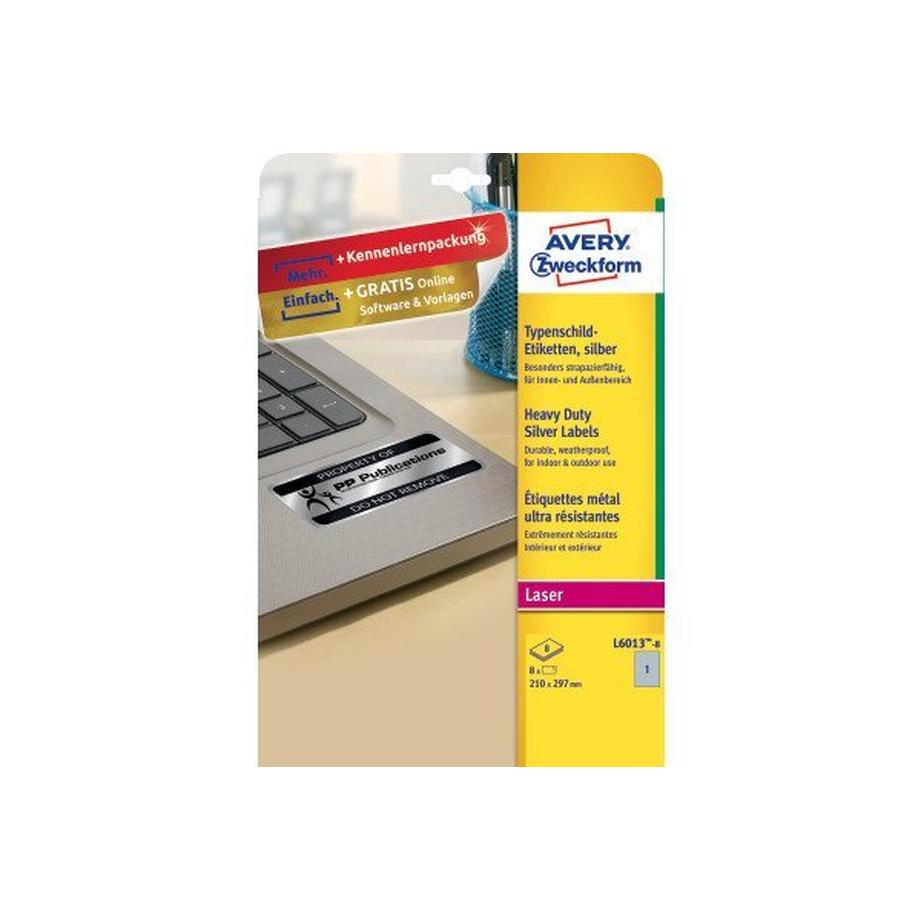 Avery-Zweckform L6013-8 Etichette 210 x 297 mm Pellicola in poliestere Argento 8 pz. Permanente Etichetta per cartellini