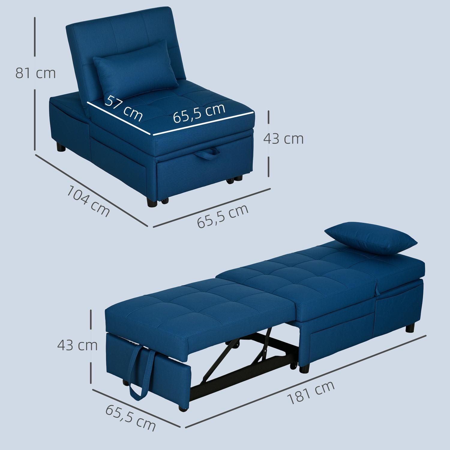 Northio Canapé-lit 3 en 1 avec fonction lit, canapé-lit gigogne, fauteuil-lit avec poche latérale, dossier réglable, capacité de charge jusqu'à 150 kg, pour salon, chambre, bleu  