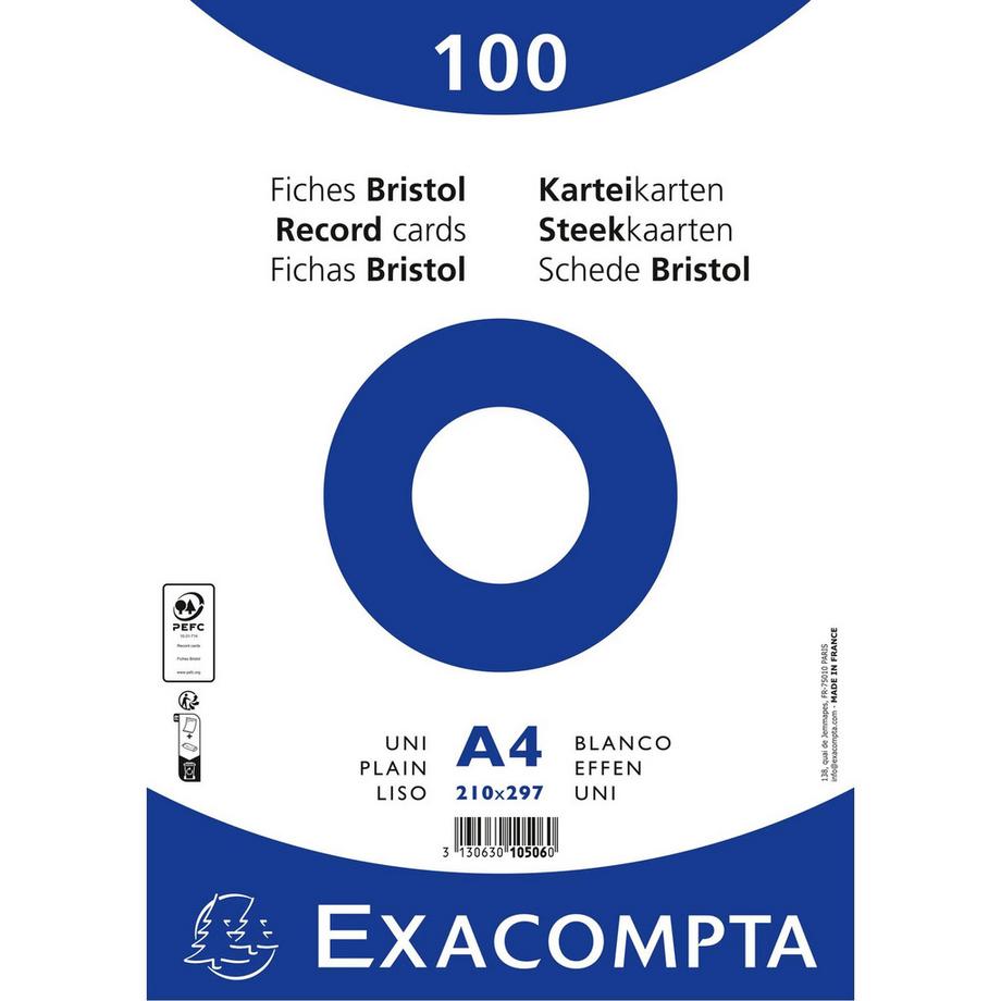 Exacompta Paquet 100 fiches sous film - bristol uni non perforé - 210x297mm - x 10  