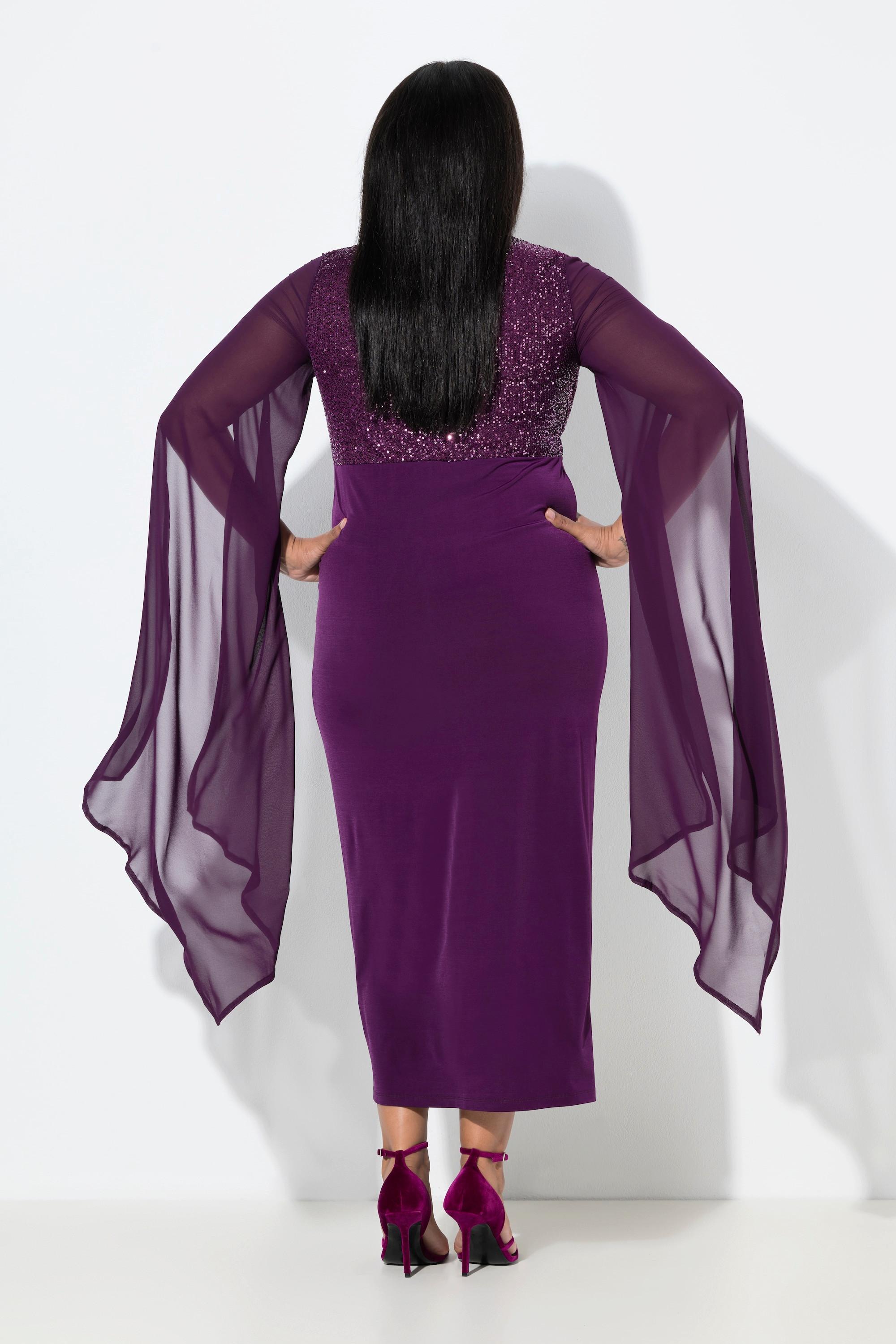 Ulla Popken Chiffon Pailletten V-Ausschnitt Langarm Maxikleid  