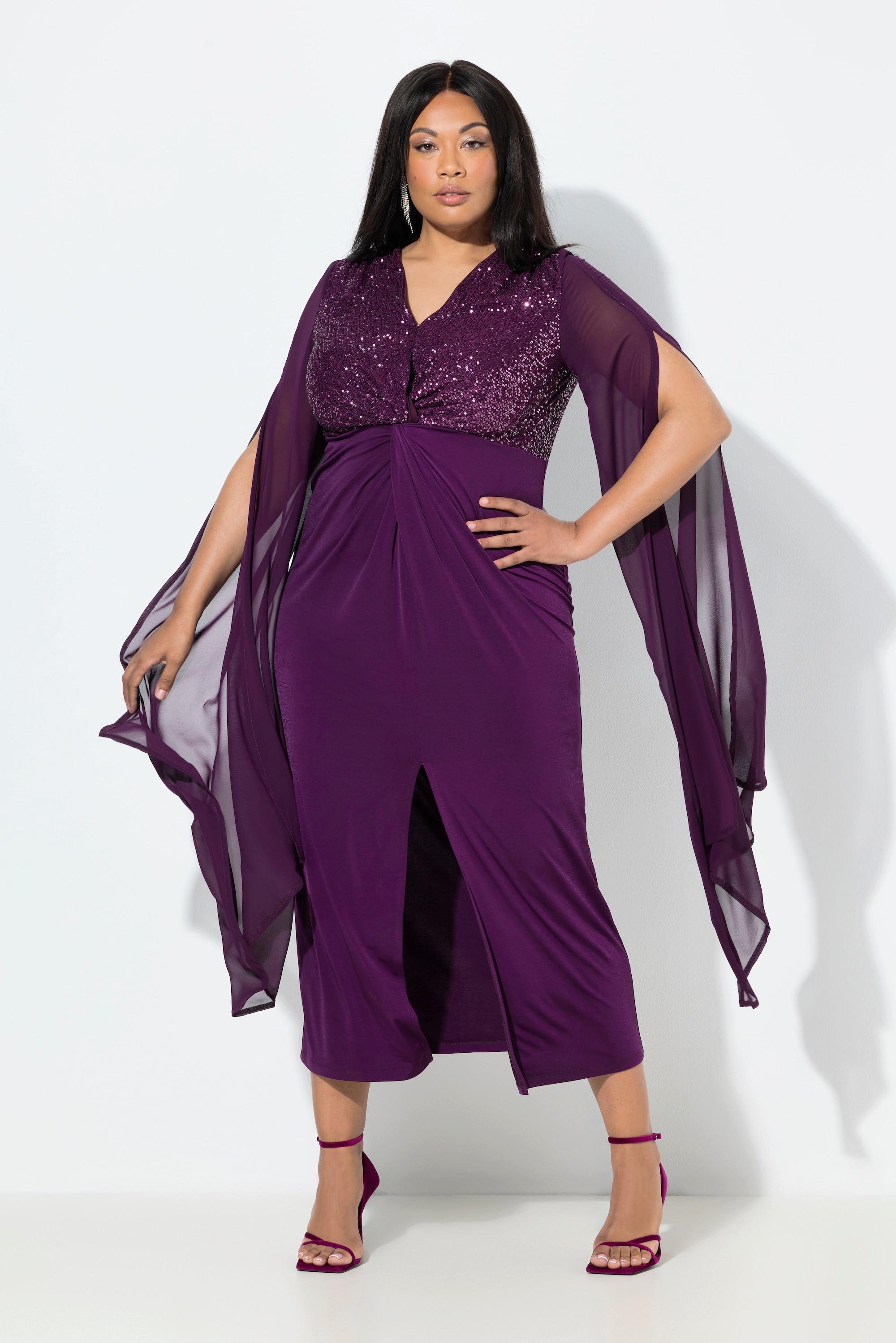 Ulla Popken Chiffon Pailletten V-Ausschnitt Langarm Maxikleid  