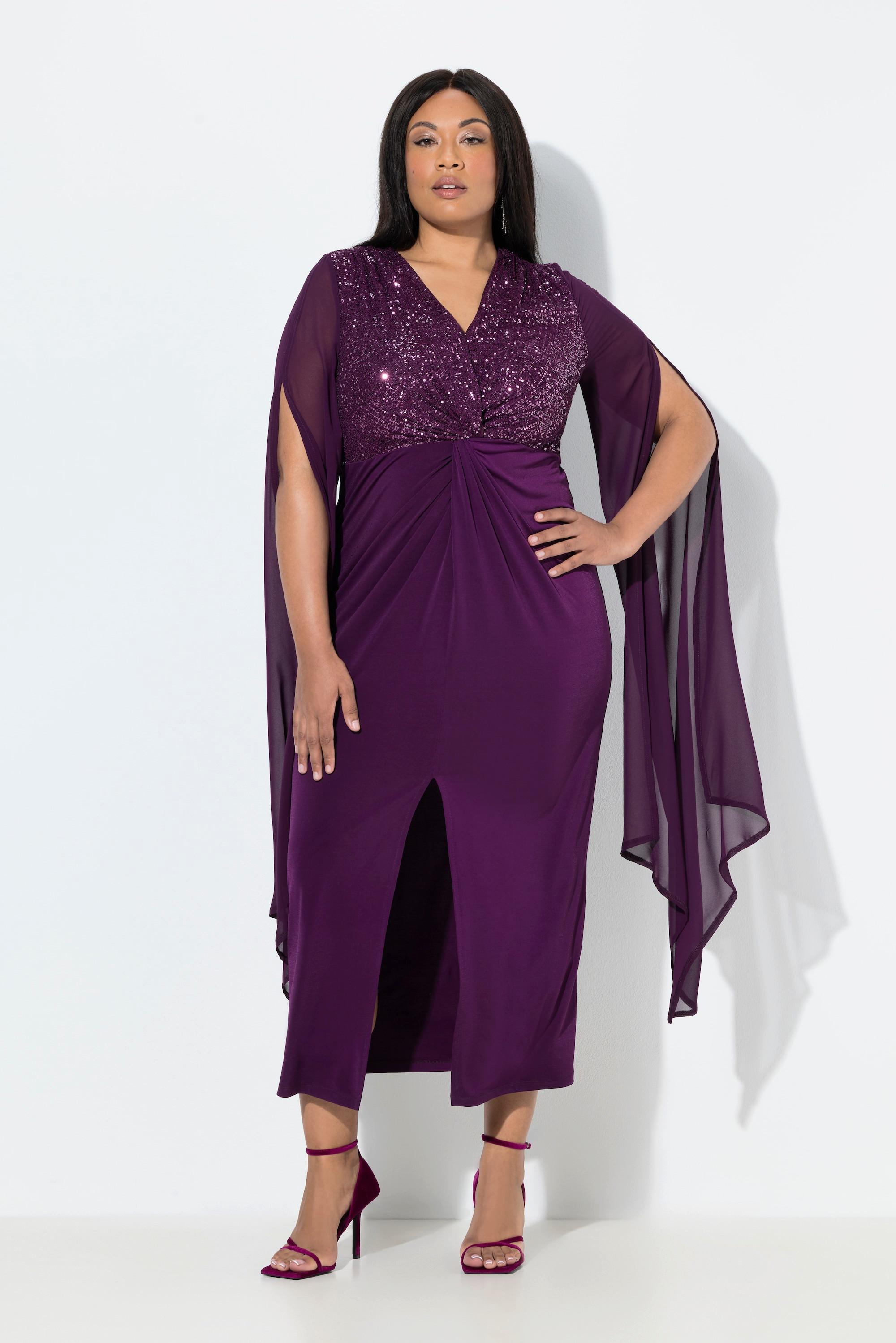 Ulla Popken Chiffon Pailletten V-Ausschnitt Langarm Maxikleid  