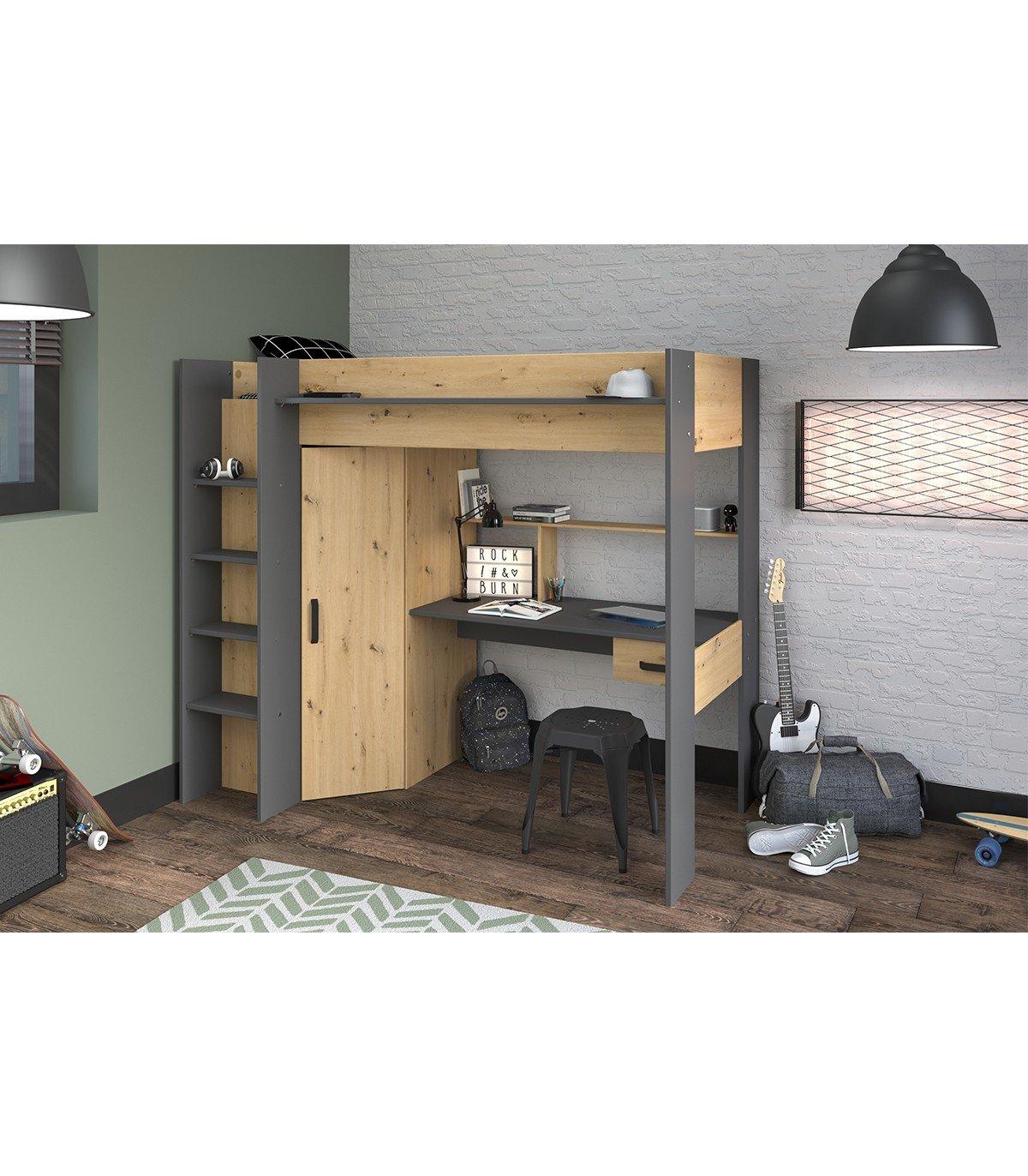 Vente-unique Letto a soppalco con scrivania e armadio Rovere e Antracite AUCKLAND  