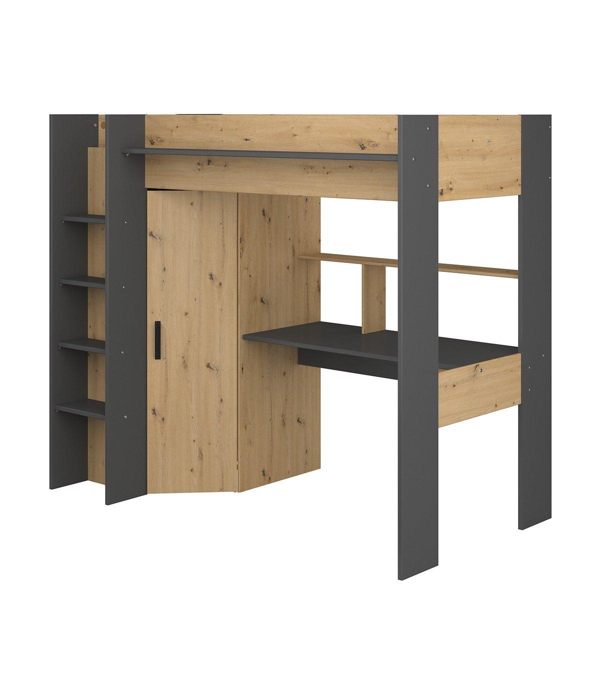 Vente-unique Letto a soppalco con scrivania e armadio Rovere e Antracite AUCKLAND  