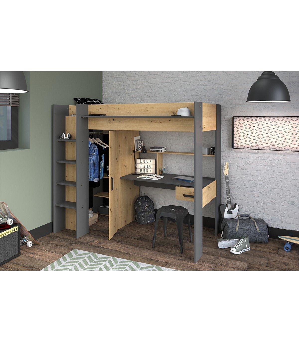 Vente-unique Hochbett mit Schreibtisch + Kleiderschrank Naturfarben AUCKLAND  