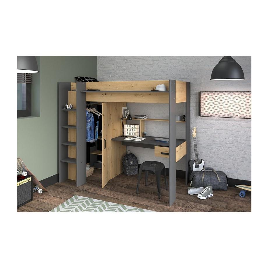 Vente-unique Letto a soppalco con scrivania e armadio Rovere e Antracite AUCKLAND  