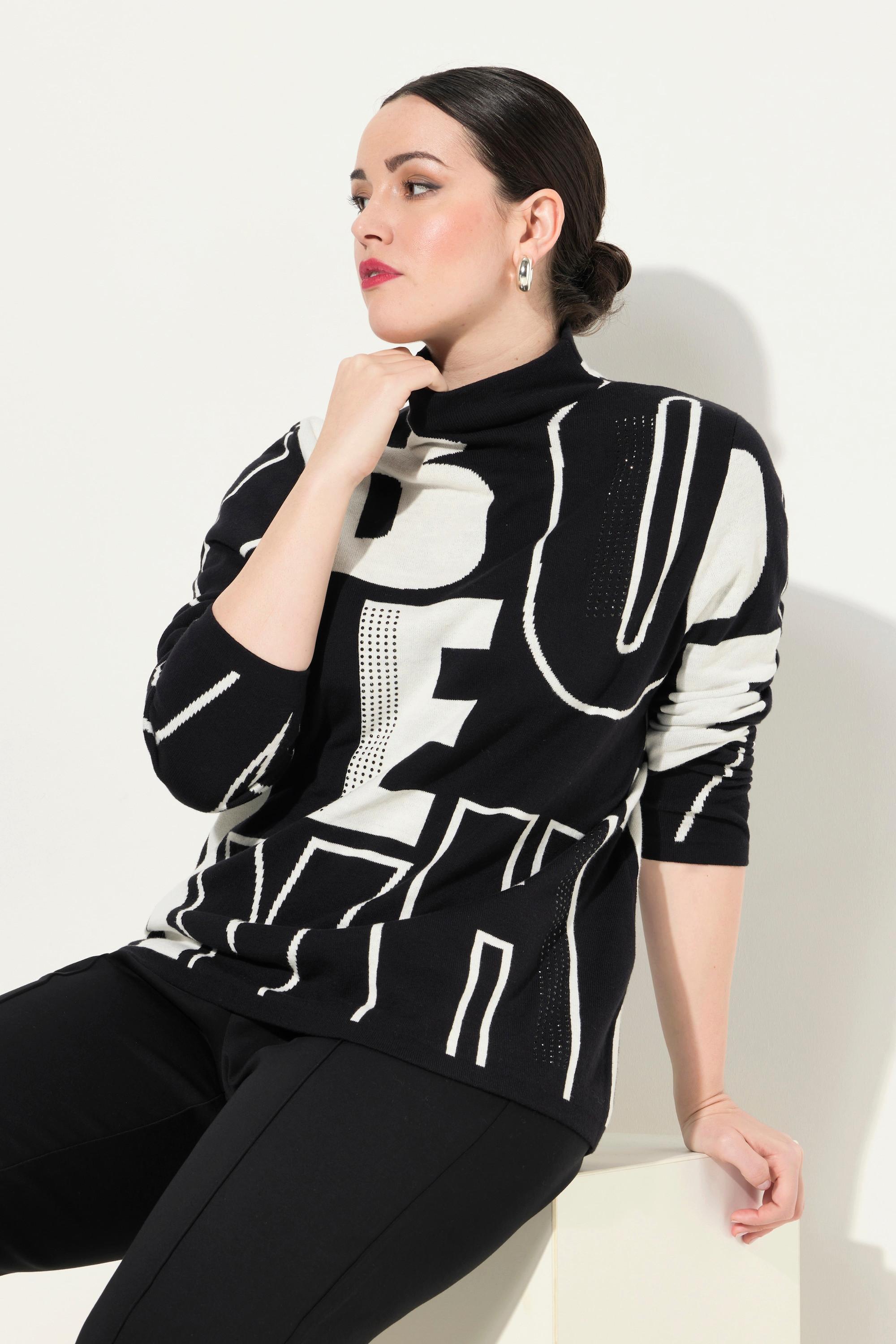 Ulla Popken Pullover Buchstaben Ziersteine Stehkragen Langarm  