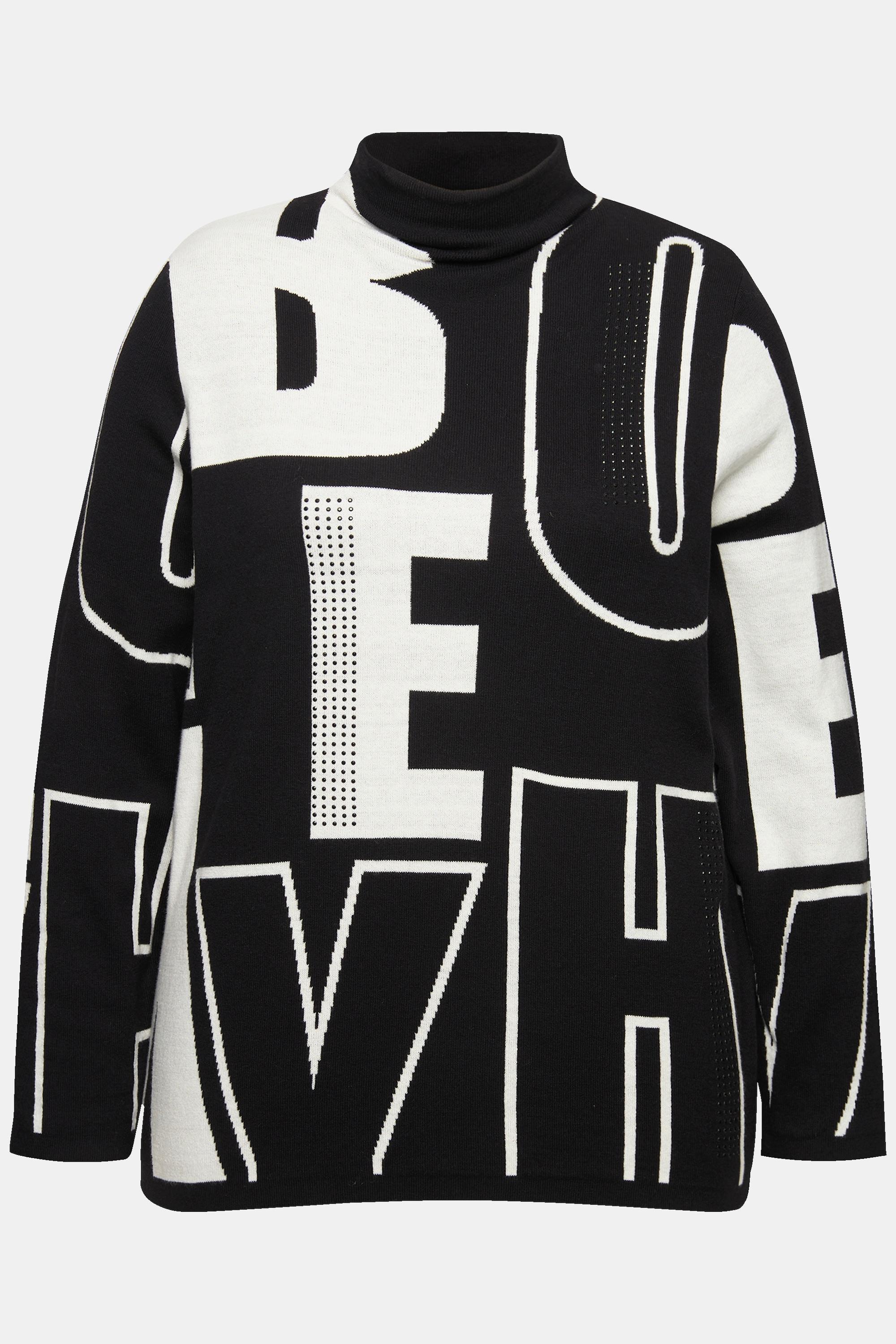 Ulla Popken Pullover Buchstaben Ziersteine Stehkragen Langarm  