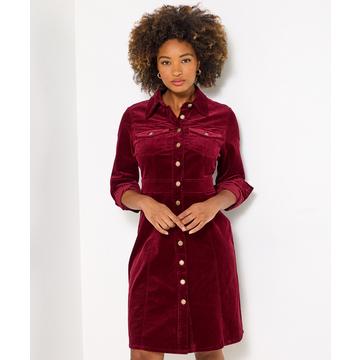 Robe-chemise longue rétro à manches longues en velours côtelé