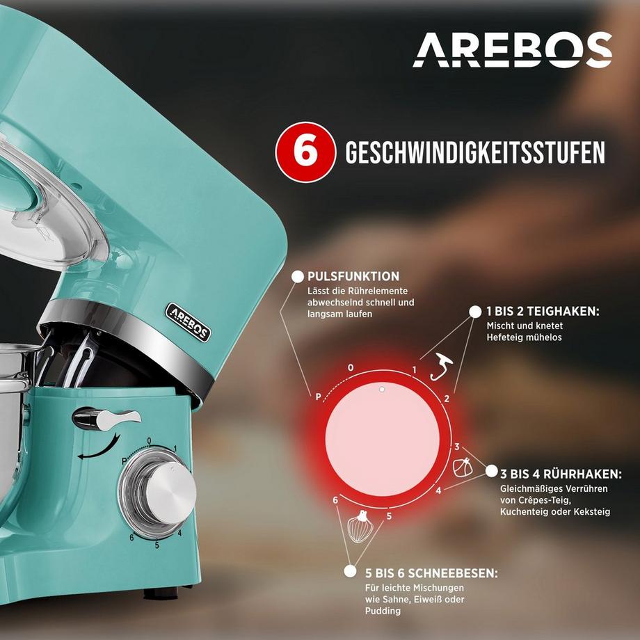 Arebos Küchenmaschine 1500W mit 2x Edelstahl-Rührschüsseln Geräuscharm 6 Stufen  