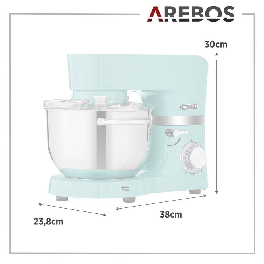 Arebos Küchenmaschine 1500W mit 2x Edelstahl-Rührschüsseln Geräuscharm 6 Stufen  