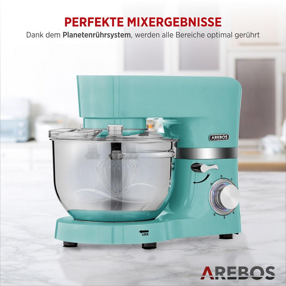 Arebos Küchenmaschine 1500W mit 2x Edelstahl-Rührschüsseln Geräuscharm 6 Stufen  