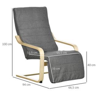 Northio Chaise de relaxation, balancelle, fauteuil inclinable, chaise de relaxation avec repose-pieds réglable, chaise de salle à manger aspect lin pour salon, bois de bouleau, gris 66,5 x 94 x 100 cm  