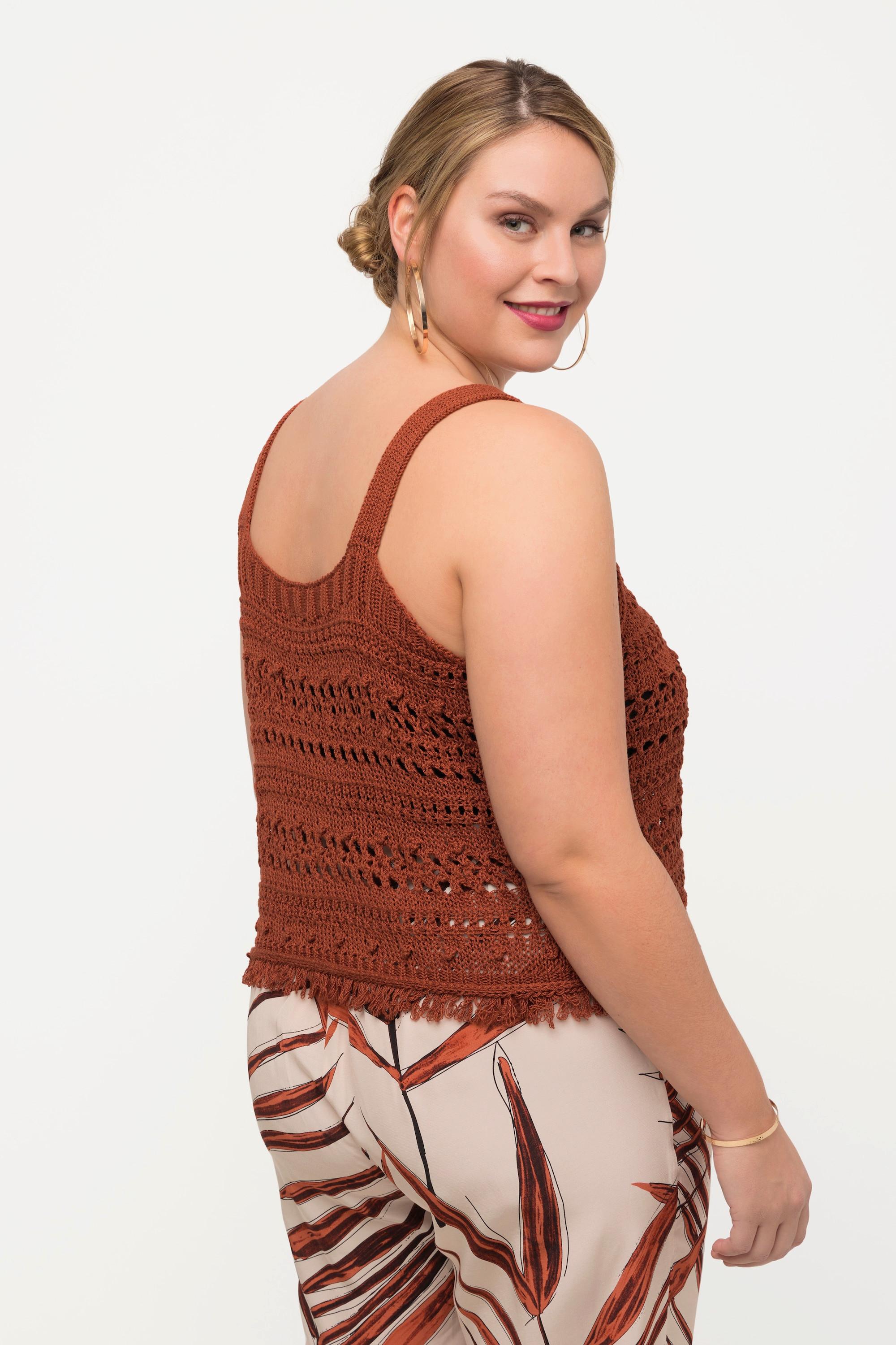 Ulla Popken Top smanicato in maglia classico scollo rotondo con frange  