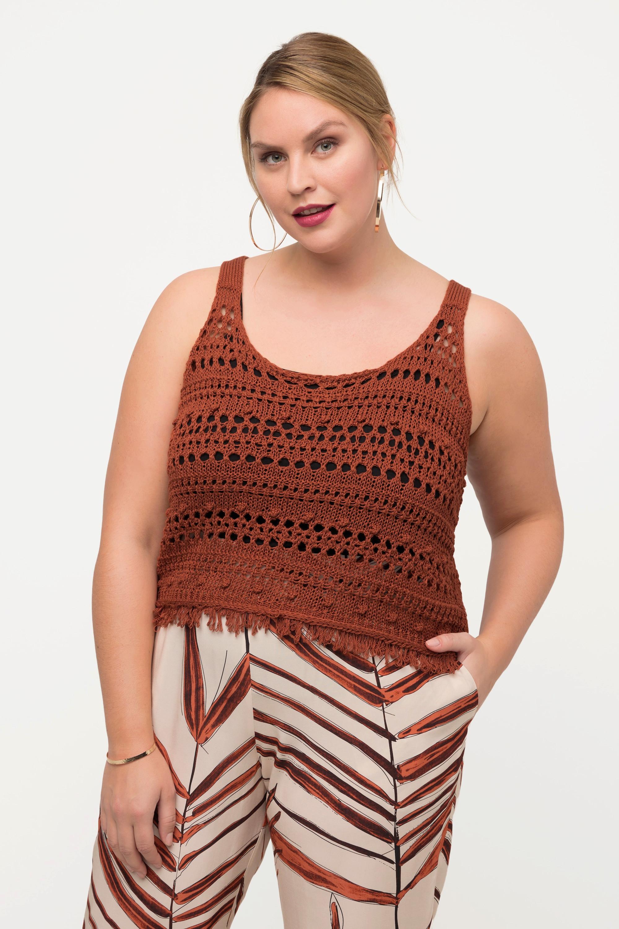 Ulla Popken Top smanicato in maglia classico scollo rotondo con frange  