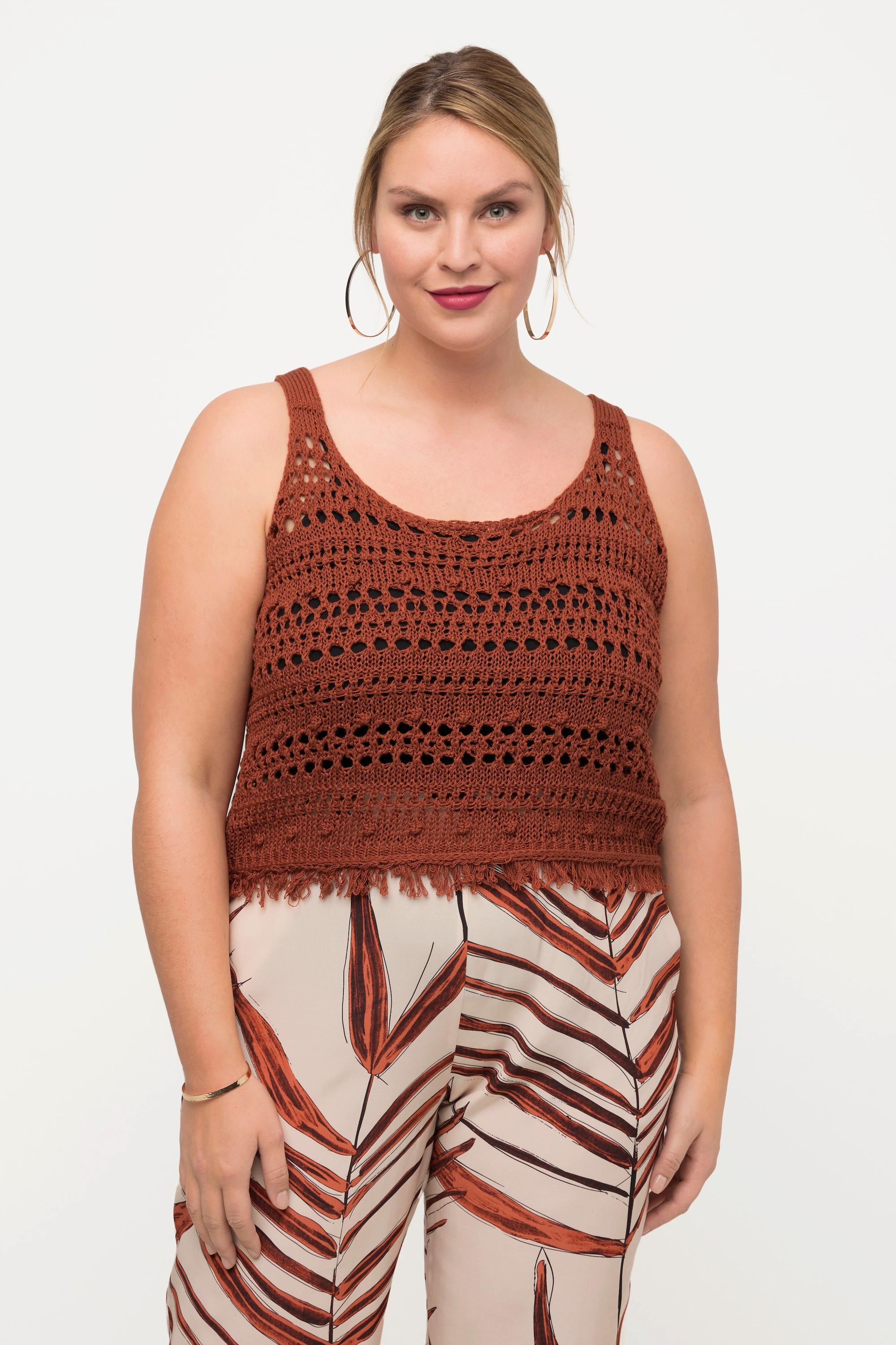 Ulla Popken Top smanicato in maglia classico scollo rotondo con frange  