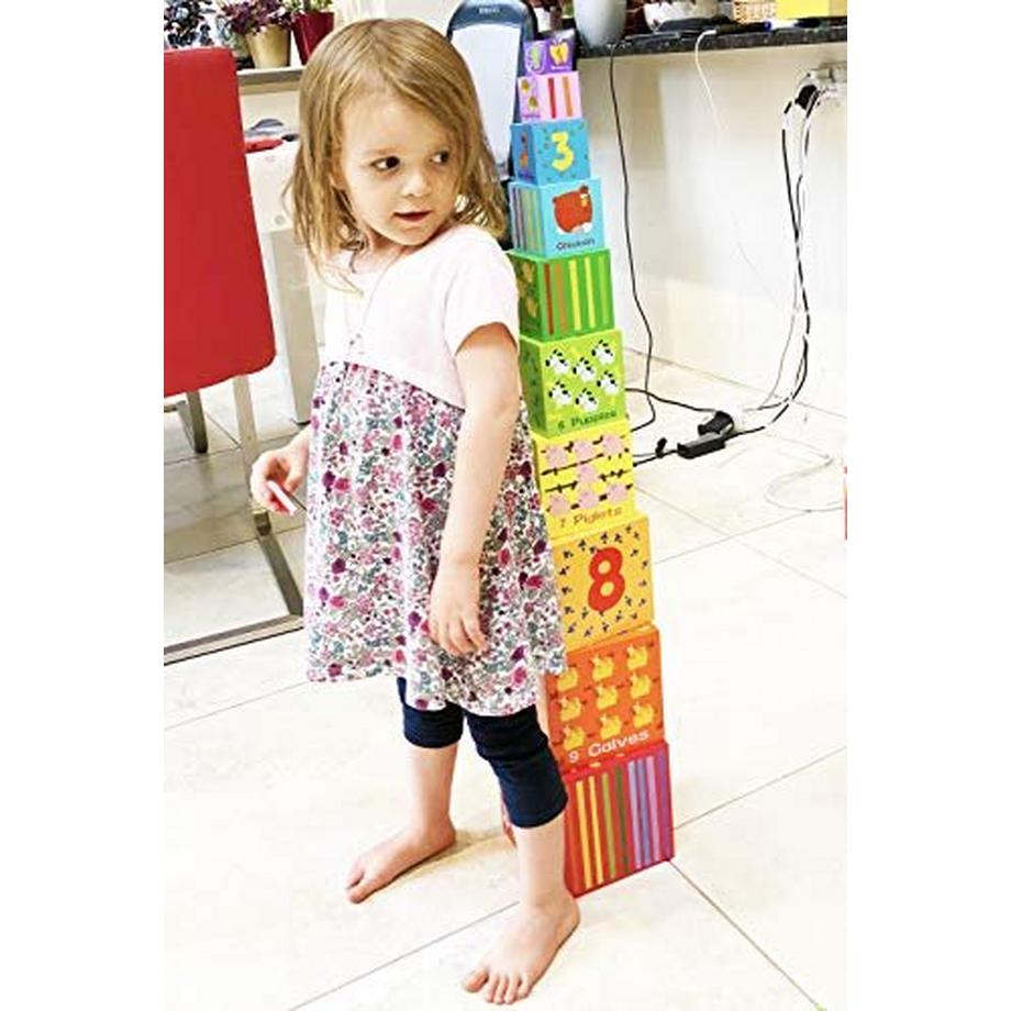 Activity-board  Stapelturm Holz - Bunte Würfel mit Zahlen, Buchstaben und Tieren stapeln oder ineinander stecken 