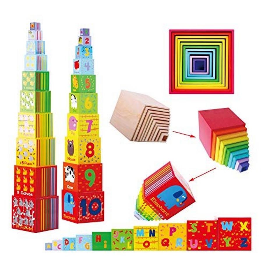 Activity-board  Stapelturm Holz - Bunte Würfel mit Zahlen, Buchstaben und Tieren stapeln oder ineinander stecken 