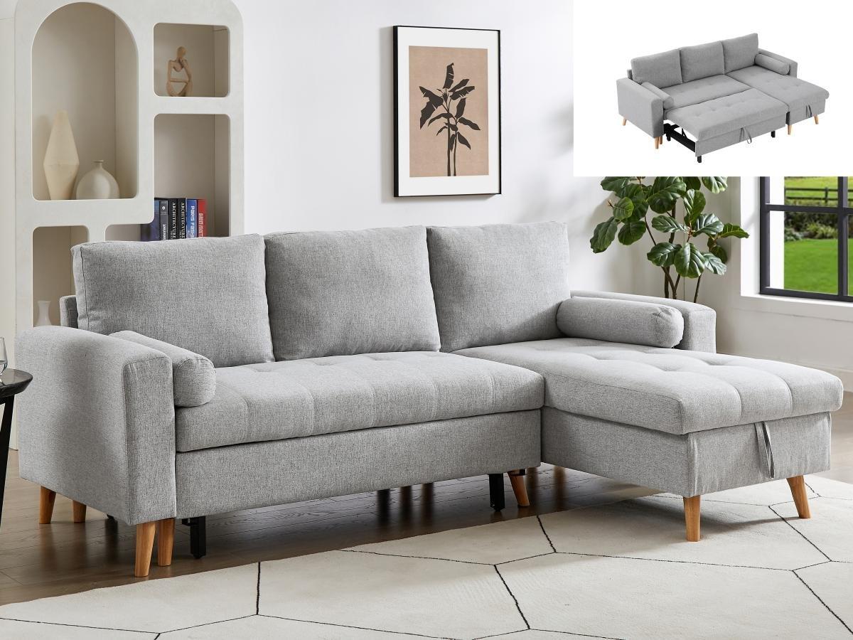 Vente-unique Ecksofa mit Schlaffunktion & Bettkasten + Sessel - Stoff - Hellgrau - KORI  