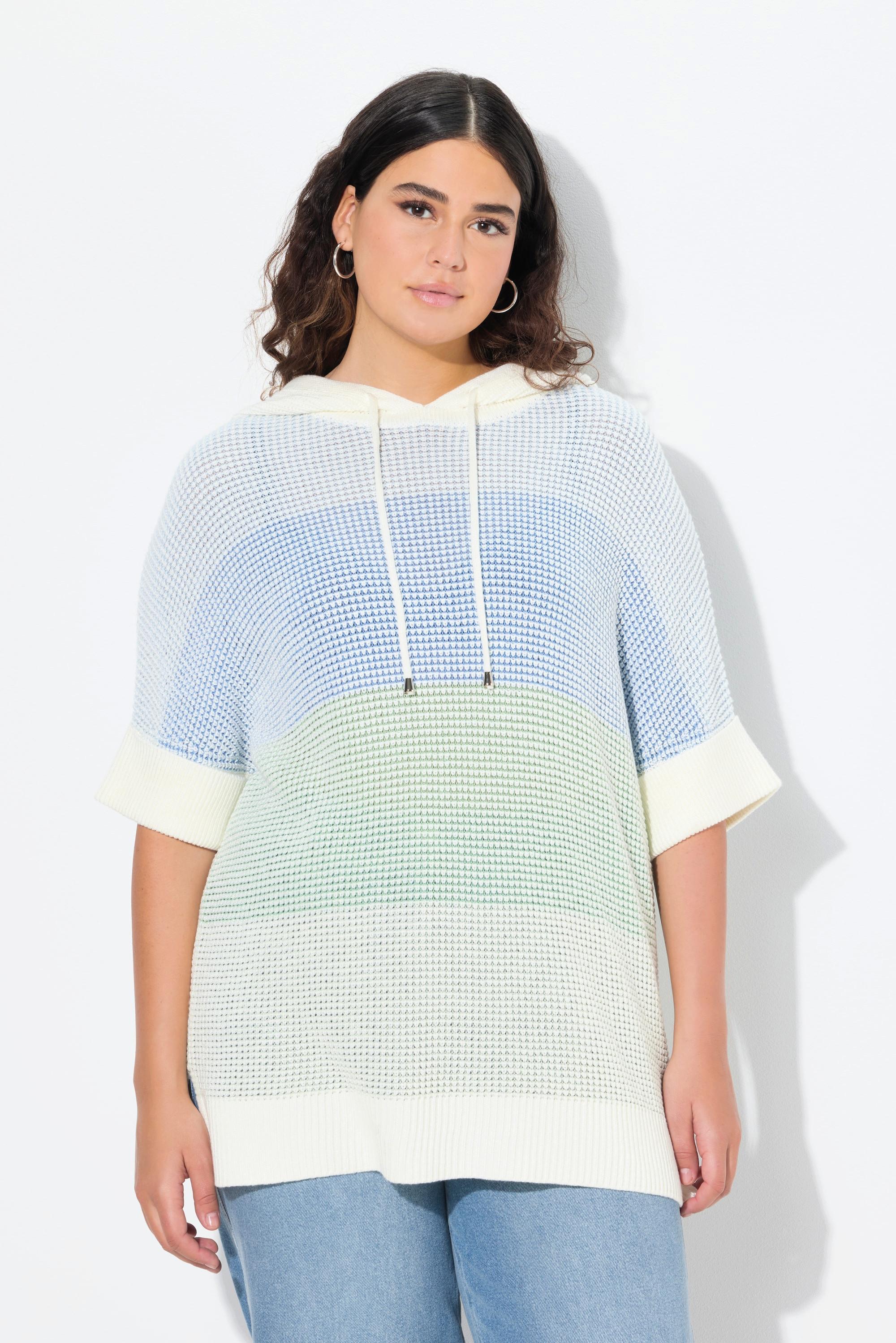 Ulla Popken  Pullover con righe, cappuccio e mezze maniche 