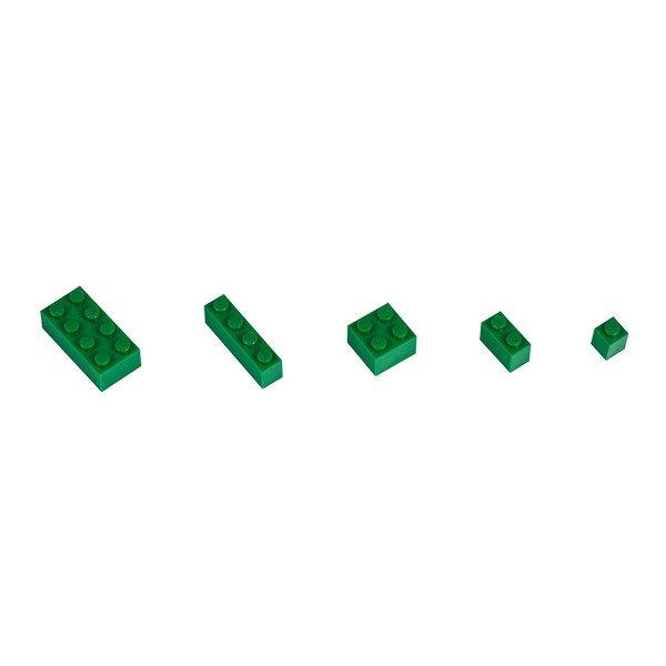 Q-BRICKS      Dieses Farbset mit verschiedenen Ziegelgrößen eignet sich für kreative Bauideen. Das Set enthält 300 Steine ​​in den Abmessungen 1×1 (60 Stück), 1×2 (60 Stück), 1×4 (60 Stück), 2×2 (60 Stück) und 2×4 (60 Stück). RAL-Farbe: Signalgrün 180            