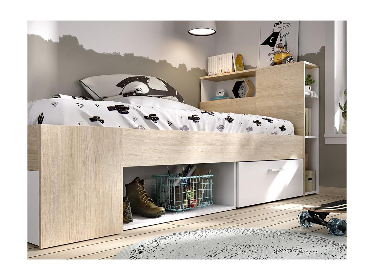 Vente-unique Bett mit Kopfteil, Stauraum & Schublade - 90 x 190 cm + Matratze + Lattenrost - Weiß & Naturfarben - LEANDRE  