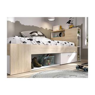 Vente-unique Letto + Materasso + Rete con testata, vani portaoggetti e cassetto 90 x 190 cm Bianco e Naturale - LEANDRE  