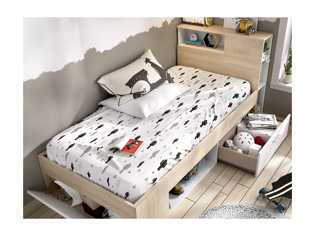 Vente-unique Lit avec tête de lit rangements et tiroir - 90 x 190 cm - Blanc et Naturel + matelas + sommier - LEANDRE  