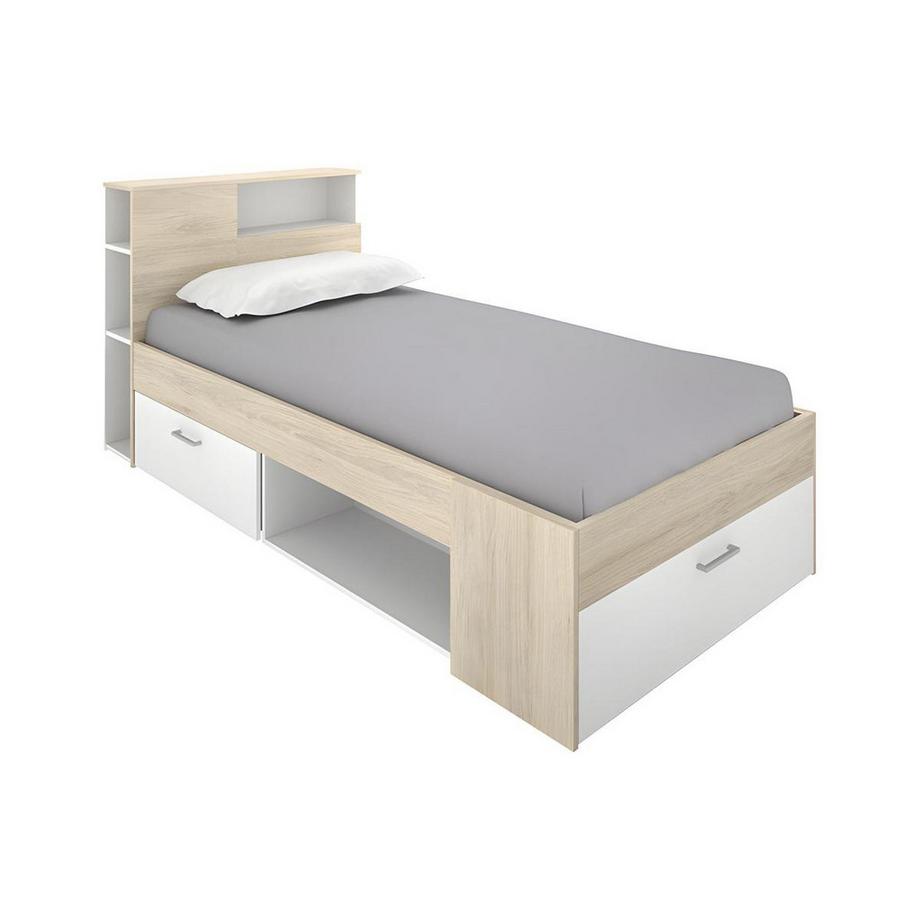Vente-unique Bett mit Kopfteil, Stauraum & Schublade - 90 x 190 cm + Matratze + Lattenrost - Weiß & Naturfarben - LEANDRE  
