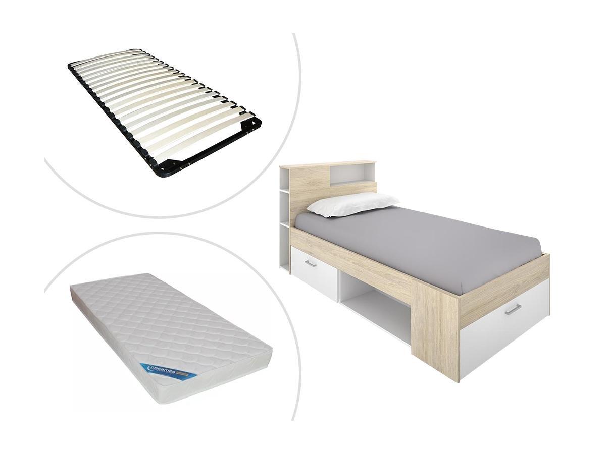 Vente-unique Lit avec tête de lit rangements et tiroir - 90 x 190 cm - Blanc et Naturel + matelas + sommier - LEANDRE  