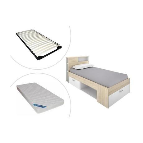 Vente-unique Lit avec tête de lit rangements et tiroir - 90 x 190 cm - Blanc et Naturel + matelas + sommier - LEANDRE  