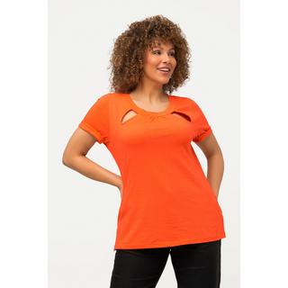 Ulla Popken  T-shirt dal taglio aderente con aperture, arricciatura, scollo a girocollo e mezze maniche 