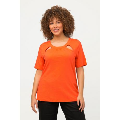 Ulla Popken  T-shirt dal taglio aderente con aperture, arricciatura, scollo a girocollo e mezze maniche 