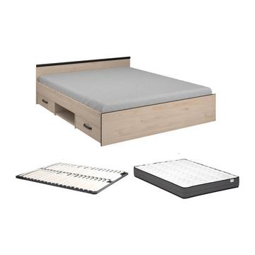 Bett mit Stauraum 160 x 200 cm - 2 Schubladen & 1 Ablagefach - Holzfarben + Lattenrost + Matratze - PABLO