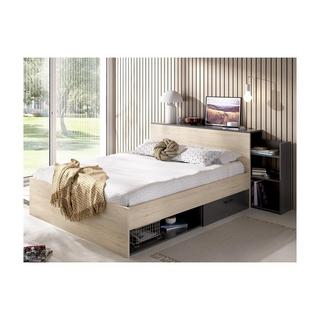 Vente-unique Bett mit Kopfteil, Stauraum & Schubladen + Lattenrost + Matratze - 140 x 190 cm - Holzfarben & Anthrazit - FLORIAN  
