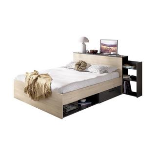 Vente-unique Bett mit Kopfteil, Stauraum & Schubladen + Lattenrost + Matratze - 140 x 190 cm - Holzfarben & Anthrazit - FLORIAN  