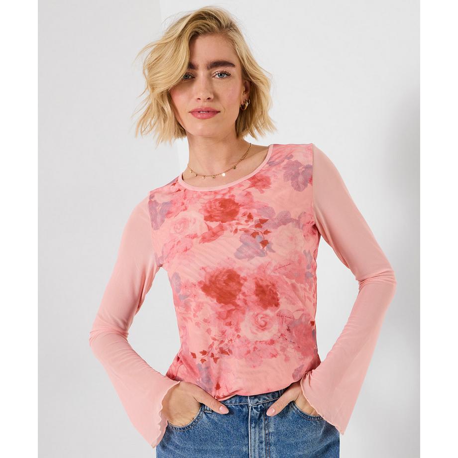 Langarm-Oberteil aus Netzstoff mit Rosenmuster