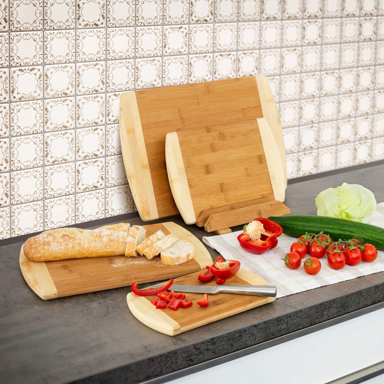 B2X Planches à découper en bambou, lot de 4 avec support  