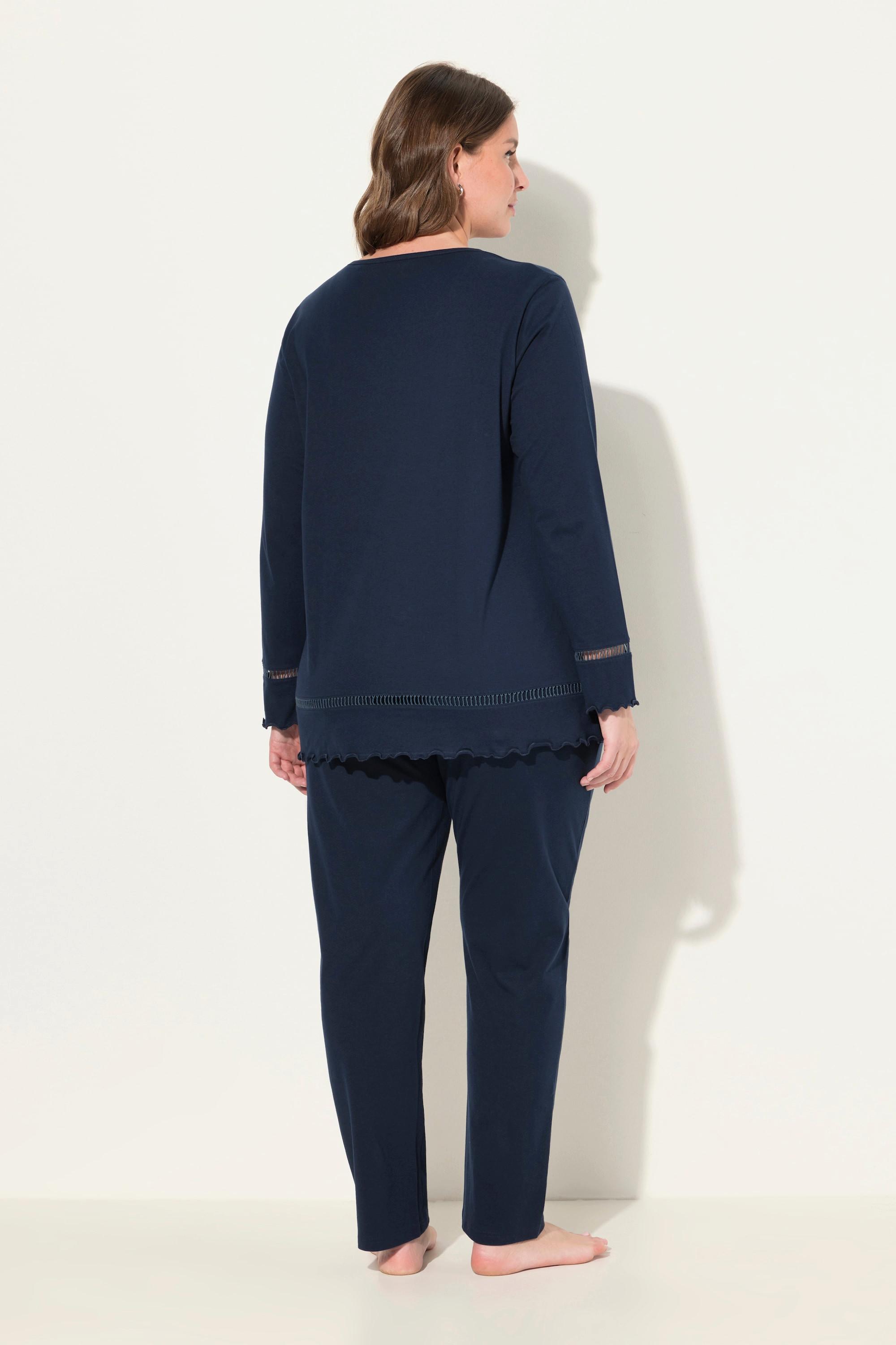 Ulla Popken Pigiama Orlo a Giorno Bordi Ondulati Scollo a Girocollo Maniche Lunghe  