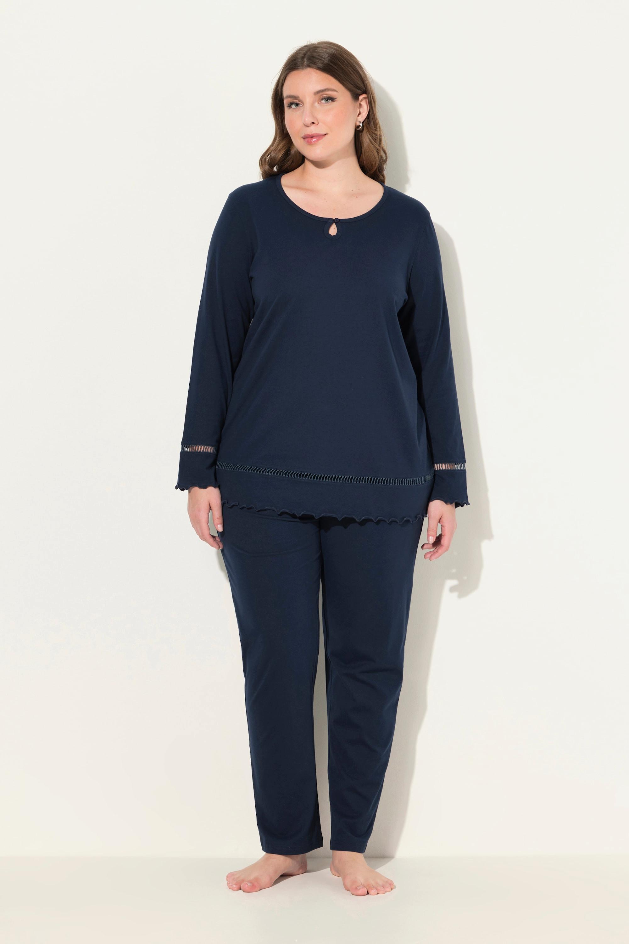 Ulla Popken Pigiama Orlo a Giorno Bordi Ondulati Scollo a Girocollo Maniche Lunghe  