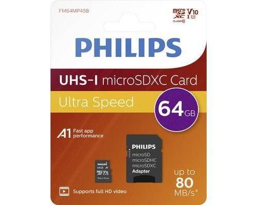 Image of PHILIPS 64 GB Class 10 microSDXC-Karte mit SD-Adapter Schwarz - 64 GB