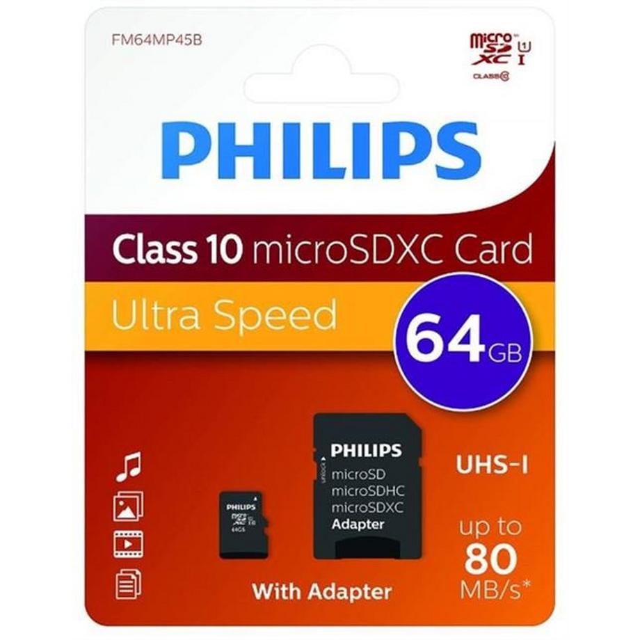 PHILIPS  64 GB Class 10 microSDXC-Karte mit SD-Adapter Schwarz 