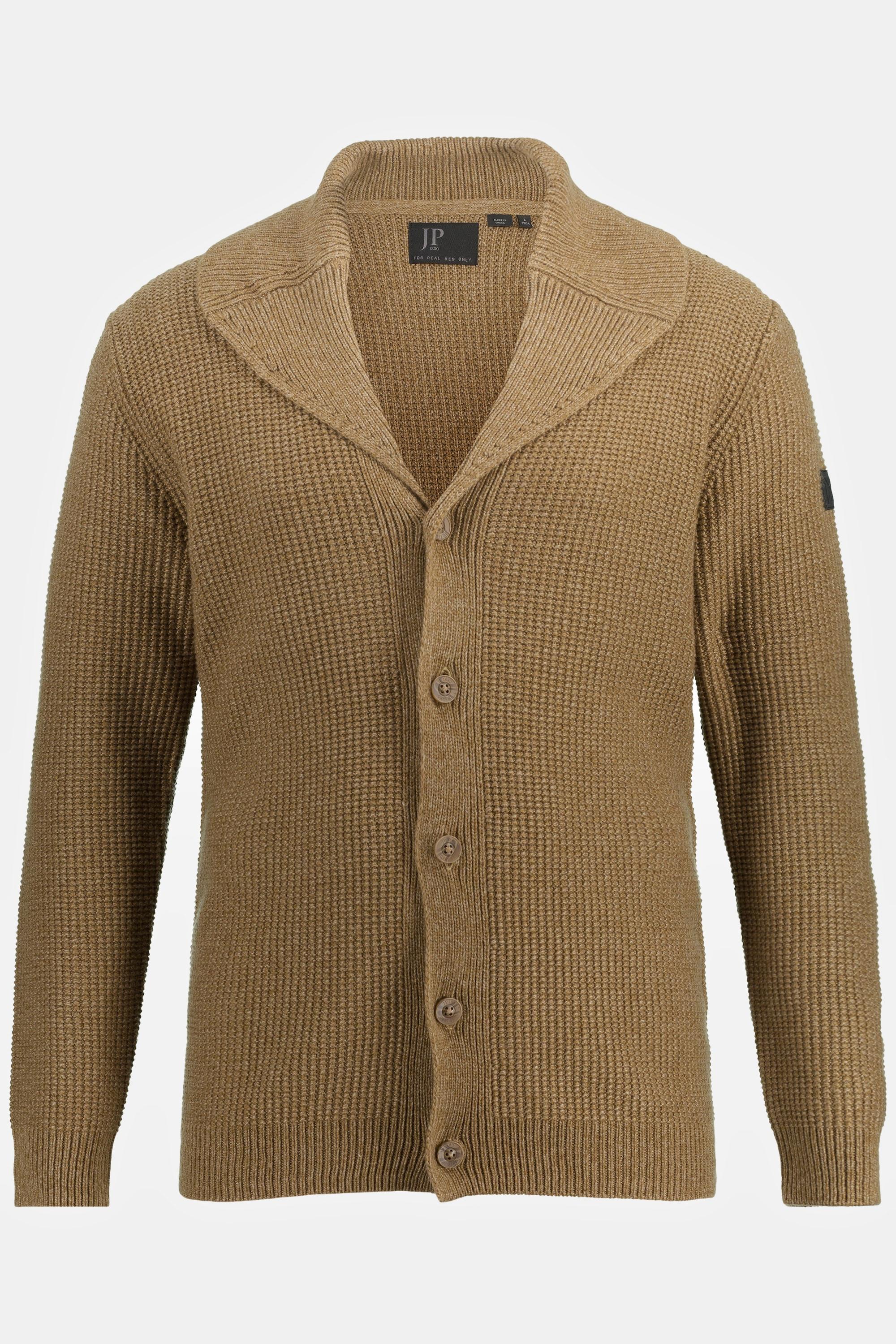 JP1880  Cardigan en laine mélangée. Col châle et patte de boutonnage. 