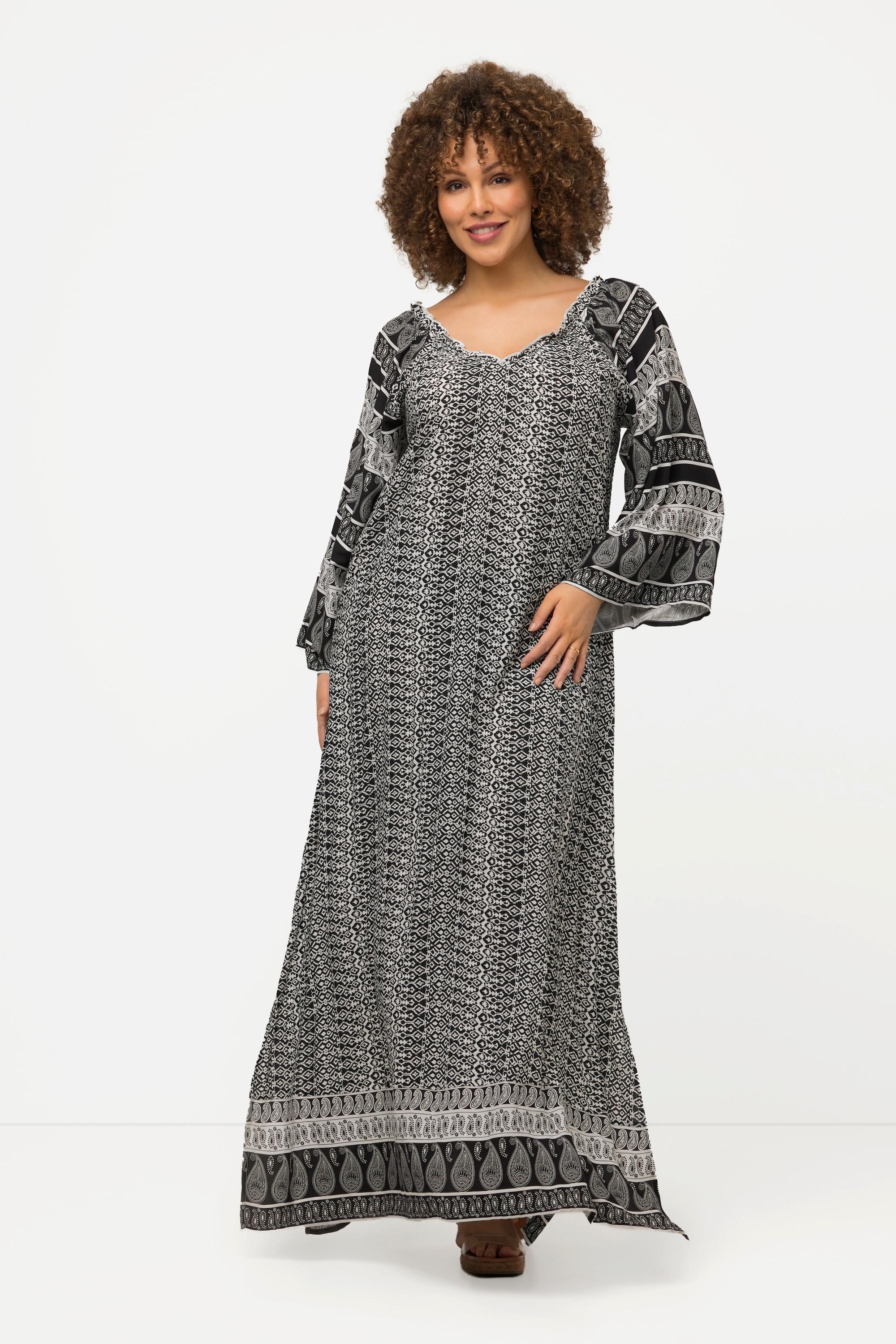 Ulla Popken  Kleid, Bordüren, A-Linie, V-Ausschnitt, 3/4-Arm 