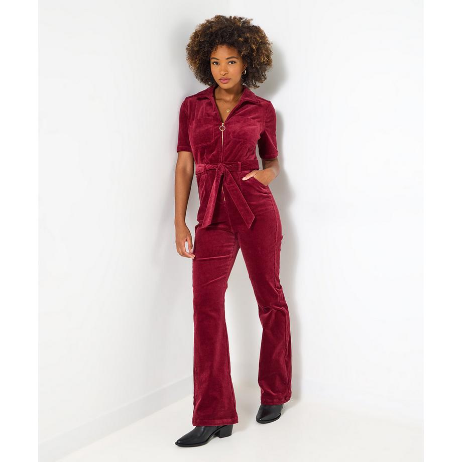 Cord-Jumpsuit mit Reißverschluss und Gürtel, Bootcut