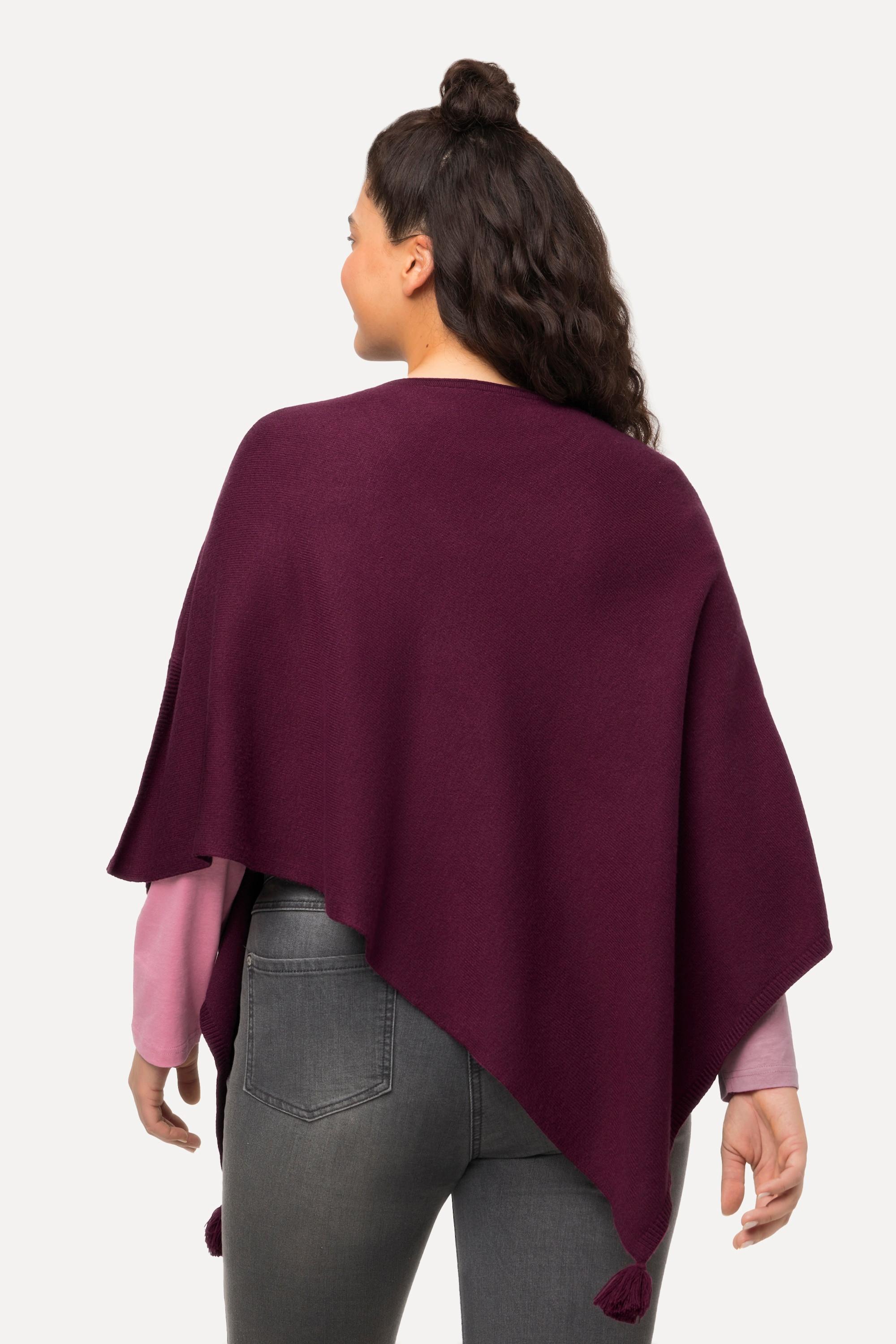 Ulla Popken  Poncho en maille, finition en pointe, pompon, col en V, sans manches 