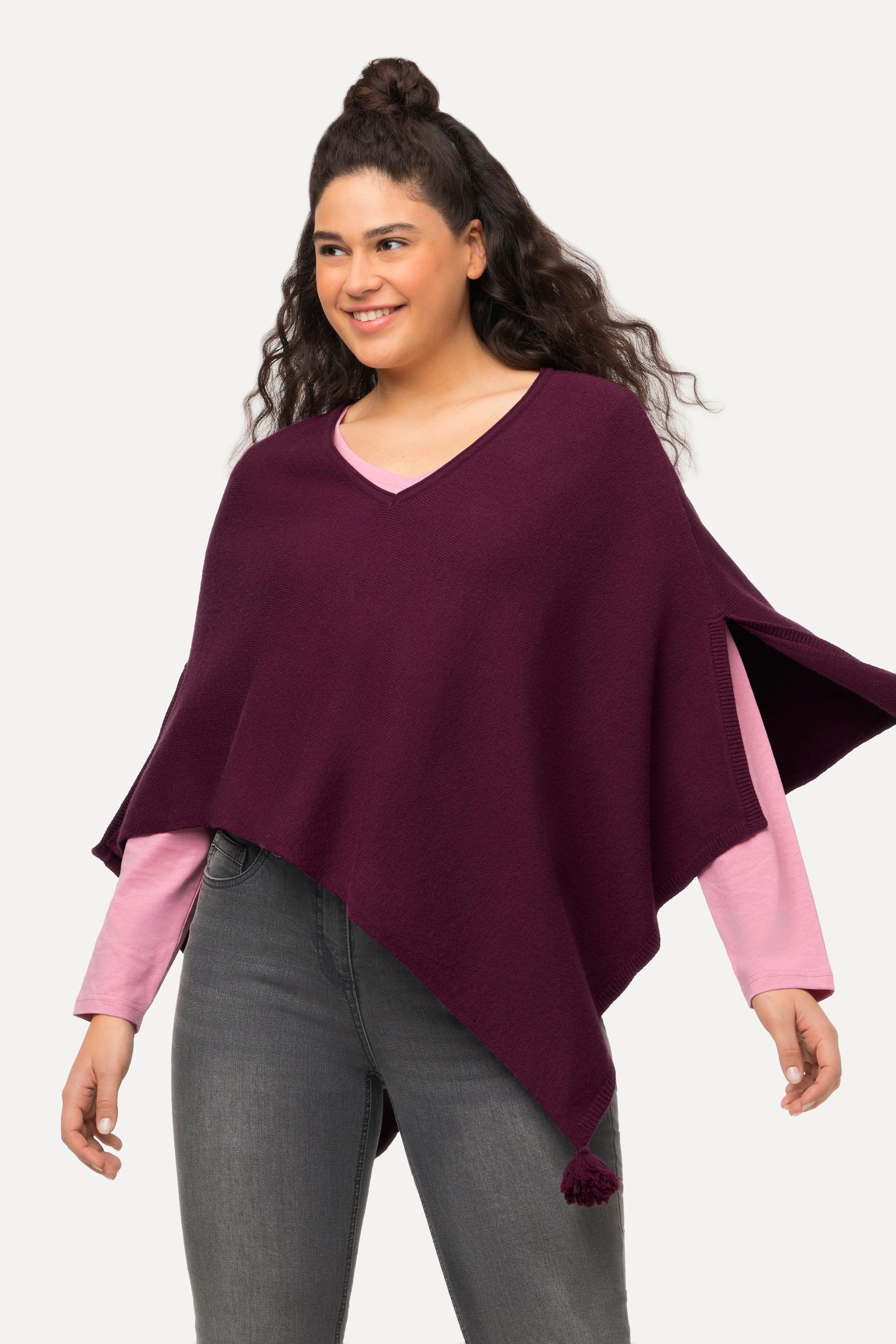 Ulla Popken  Poncho en maille, finition en pointe, pompon, col en V, sans manches 