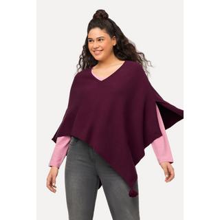 Ulla Popken  Poncho en maille, finition en pointe, pompon, col en V, sans manches 